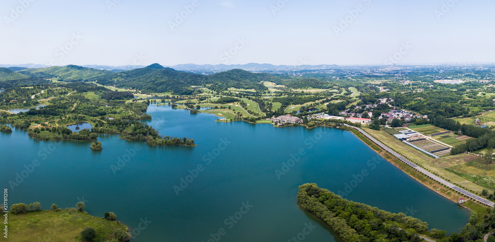 The ginkgo lake view from a drone in the air on a sunny day in Nanjing city