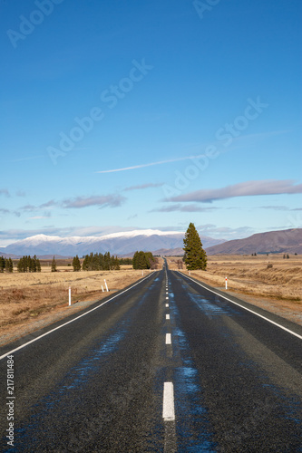 Long straigh road leading to snow capped mountains