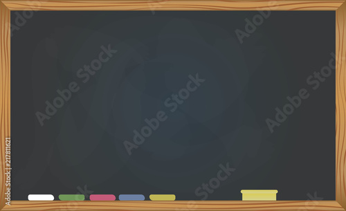 Blackboard background and wooden frame, rubbed out dirty chalkboard