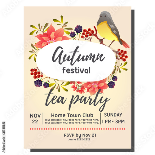 tea party autumn invitation card with birdsong