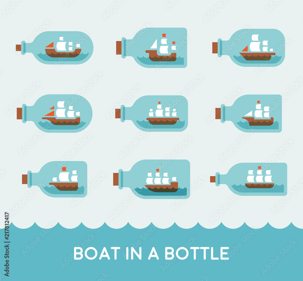 various kind of boat in a bottle flat design style vector graphic illustration set