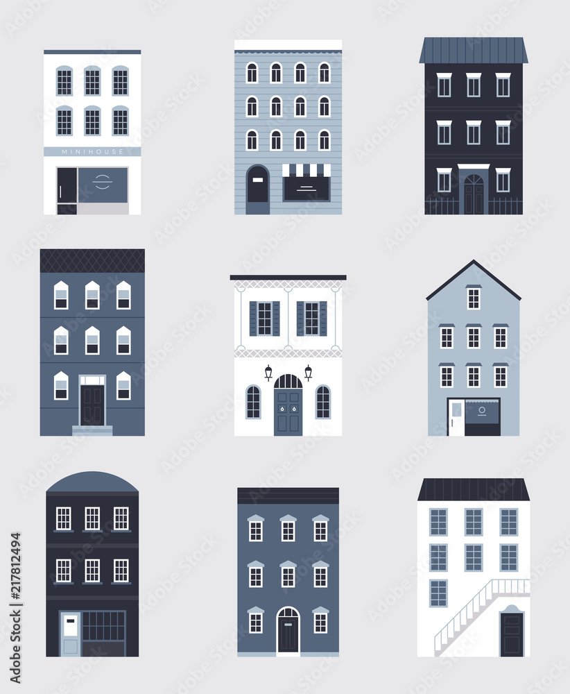 various kind of small buildings flat design style vector graphic illustration set