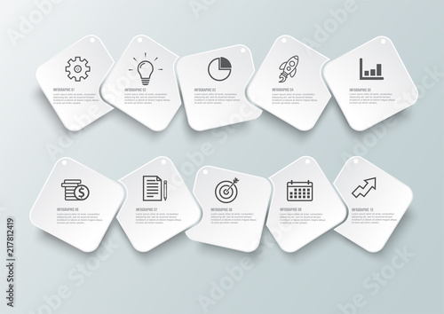 Vector infographic template with 3D paper label, integrated circles. Business concept with 10 options. For content, diagram, flowchart, steps, parts, timeline infographics, workflow, chart.