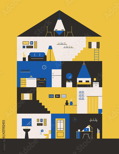 House interior Cross-section flat design style vector graphic illustration set