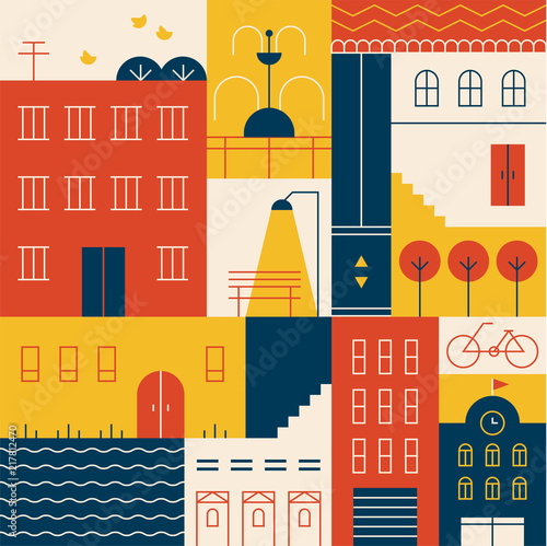Collage-style village buildings flat design style vector graphic illustration set