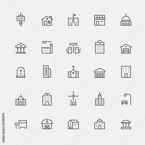 various kind of buildings outline icons flat design style vector graphic illustration set