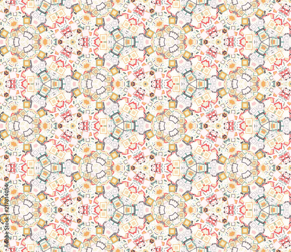 Vintage kaleidoscope abstract seamless pattern, background. Composed of colored geometric shapes. Useful as design element for texture and artistic compositions.