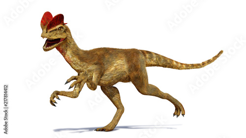 Dilophosaurus, theropod dinosaur from the Early Jurassic period (3d render isolated with shadow on white background) © dottedyeti