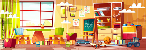Vector cartoon kindergarten for children, playground with window. Recreational stuff, interior of kids room, preschool. Toys for teaching infants - cubes, cars and blackboard.