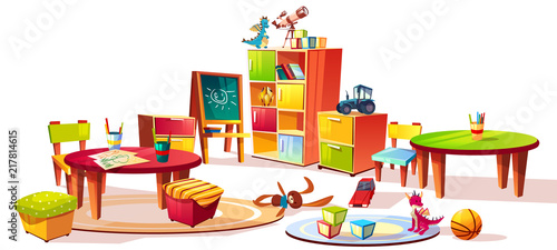 Kindergarten interior furniture vector illustration of preschool kid room drawers for toys, table with pencils for drawing and soft chairs for children game isolated on white cartoon background