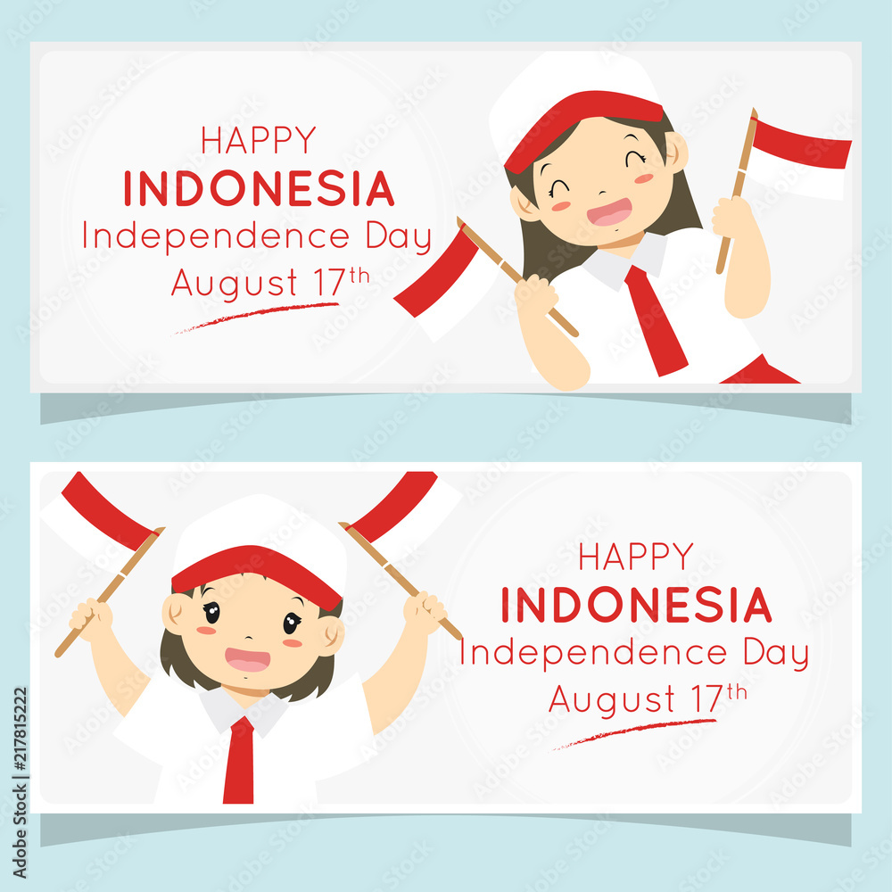 Indonesia independence day celebration banner design, cartoon vector.  Indonesian students in school uniform holding Indonesian flags. Printable  banner vector Stock Vector | Adobe Stock