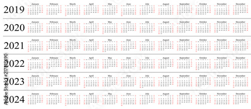 Six year calendar - 2019, 2020, 2021, 2022, 2023 and 2024 in white background.