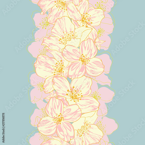 Seamless vertical pattern with hand-drawn vector jasmine flowers.
