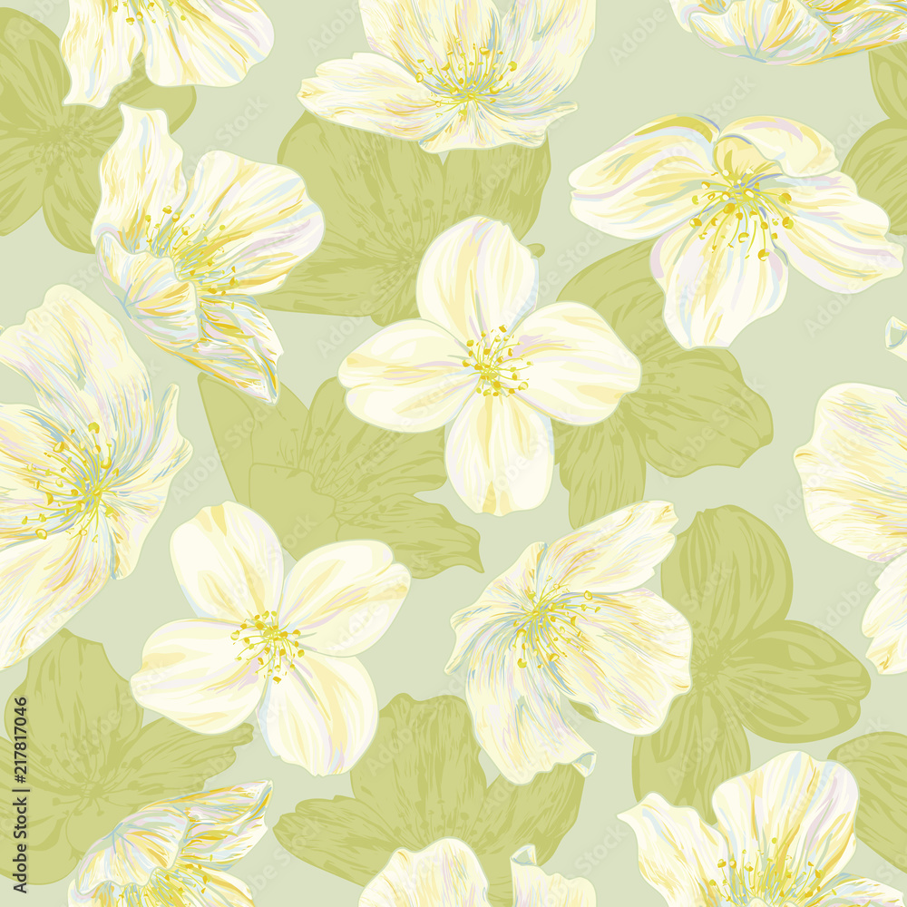 Seamless vector pattern with jasmine flowers for wrapping design. Blossom. Pastel drawing imitation. Seamless vector pattern with jasmine flowers for wrapping design. Blossom. Pastel drawing imitation.