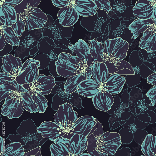 Seamless vector pattern with abstract blue and yellow flowers on dark background for fabric design.