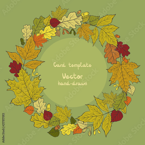 Round vector frame with colorful autumn leaves for season design.