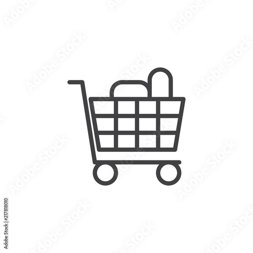 Shopping cart full of groceries products outline icon. linear style sign for mobile concept and web design. shopping trolley simple line vector icon. Symbol, logo illustration. Pixel perfect vector