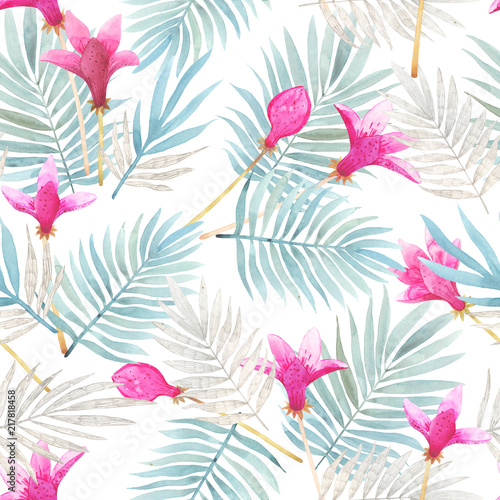 Seamless watercolor pattern with tropical leaves  beautiful hibiscus flowers