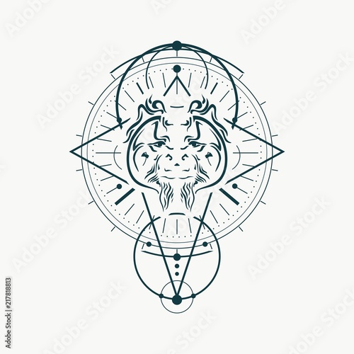 Mystical geometry symbol. Linear alchemy, occult, philosophical sign. Decorative orangutan head. For music album cover, poster, sacramental design. Astrology and religion concept.