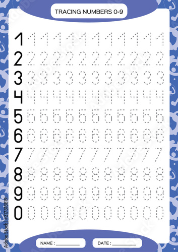 Numbers 0-9. Tracing Worksheet for kids. Preschool worksheet, practicing motor skills - tracing dashed lines. A4 purple.