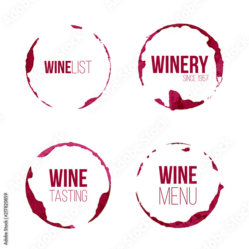 Set of Wine stains with different text. Vector design elements.