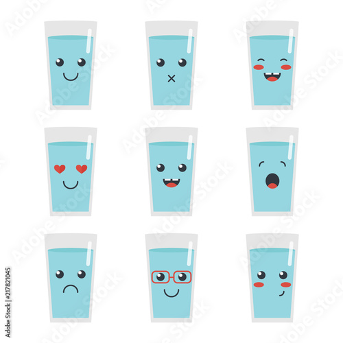 Cute cartoon glass of water character with different facial expressions, emotions. Set, collection of emoji isolated on white background.