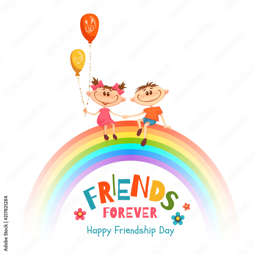 Poster with Friendship Day title and children on rainbow. Vector illustration. Poster with Friendship Day title and children on rainbow. Vector illustration.