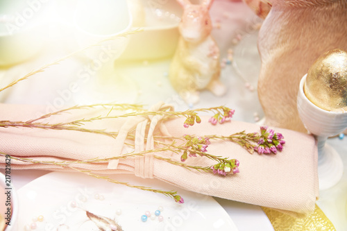 Fototapeta Naklejka Na Ścianę i Meble -  Lavender flowers on napkin and Easter eggs