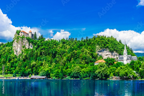 View on castle and mountains of lake Bled in Slovenia