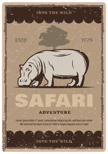 African safari tour vintage banner with hippo