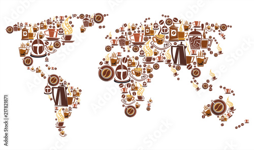 Coffee world map with continent of hot drink cup