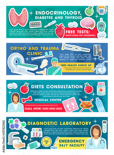 Medical clinic doctor with diagnostic tool banners