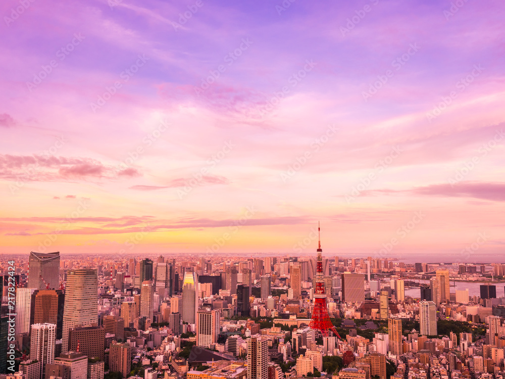 Beautiful Aerial view of architecture and building around tokyo city at sunset time