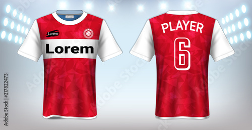 	 Soccer Jersey and Sportswear T-Shirt Mockup Template, Realistic Graphic Design Front and Back View for Football Kit Uniforms, Easy Possibility to Apply Your Artwork, Text, Image, Logo