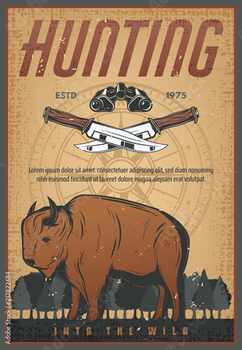 Hunting sport vintage banner with bison animal