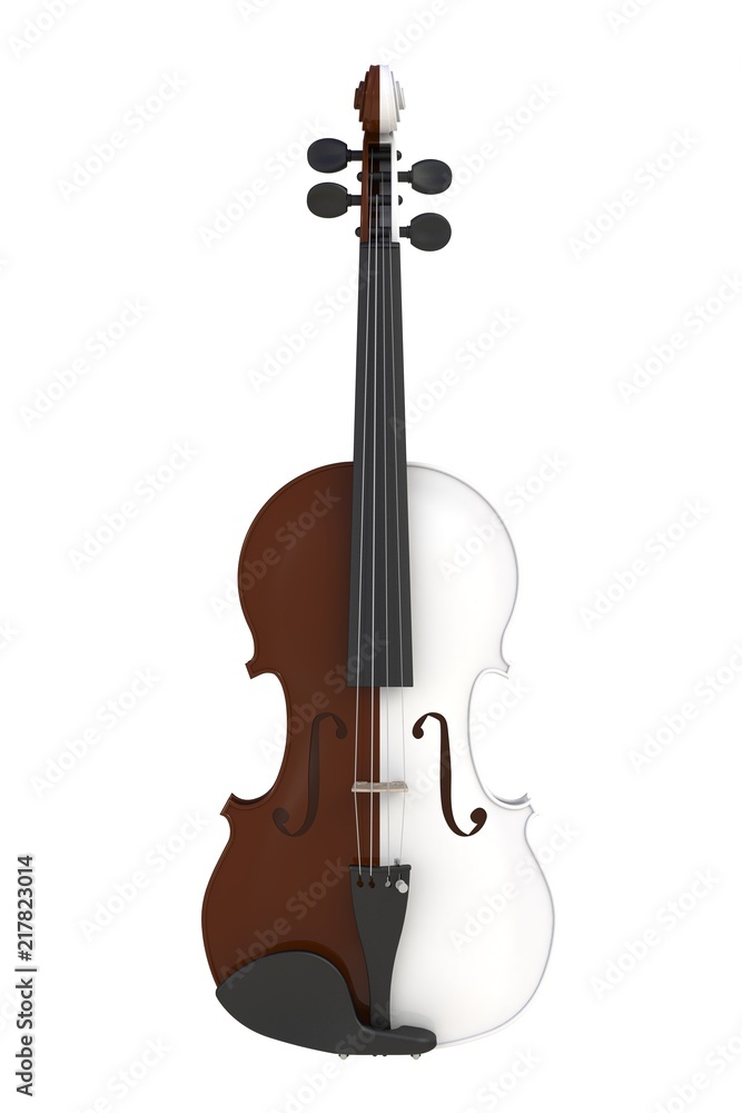 Fototapeta premium Close up of classical brown white violin isolated on white background, String instrument, 3d rendering