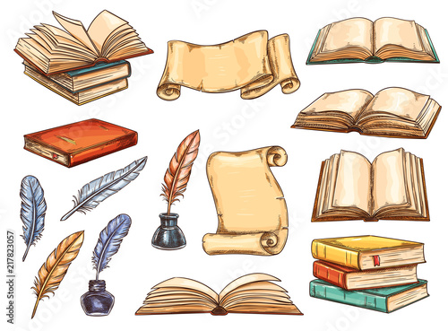 Old book, scroll and vintage feather pen sketch