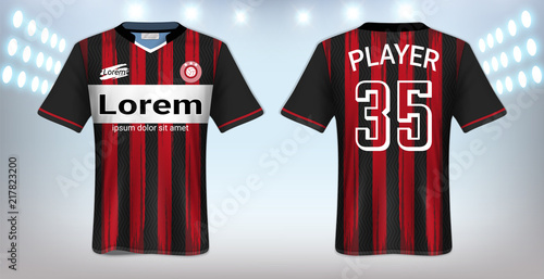 	 Soccer Jersey and Sportswear T-Shirt Mockup Template, Realistic Graphic Design Front and Back View for Football Kit Uniforms, Easy Possibility to Apply Your Artwork, Text, Image, Logo