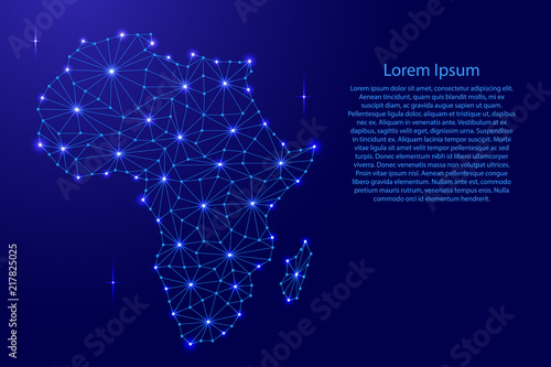 Africa map of polygonal futuristic mosaic lines network, rays and dots vector illustration.