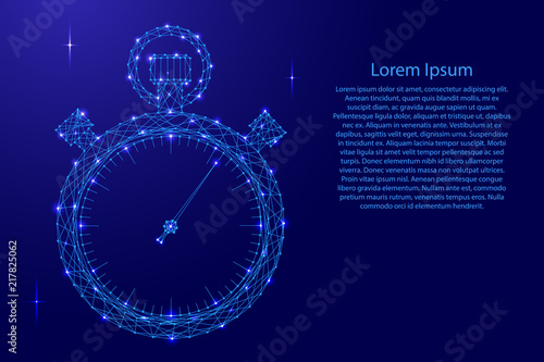 Stopwatch schematic picture from futuristic polygonal blue lines and glowing stars for banner, poster, greeting card. Vector illustration.