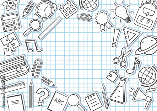 Frame with school supplies on checkered background. Vector illustration