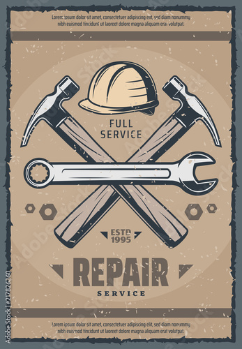 House repair service retro banner of old work tool