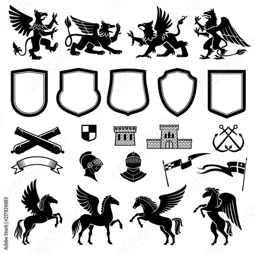 Heraldic design elements with animals and shields