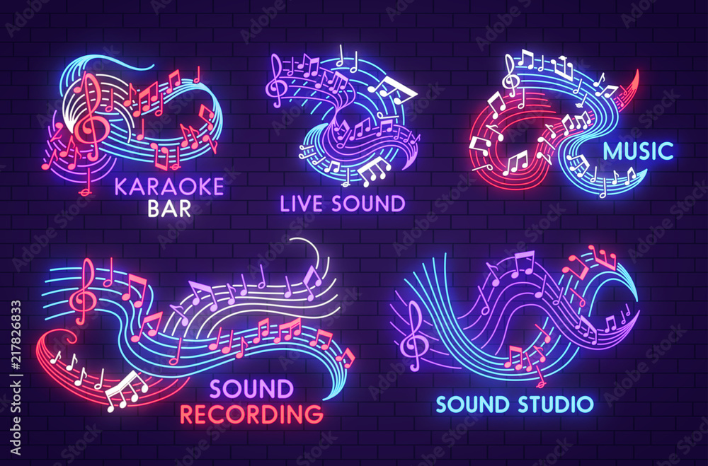Naklejka premium Music neon light sign with shining musical note