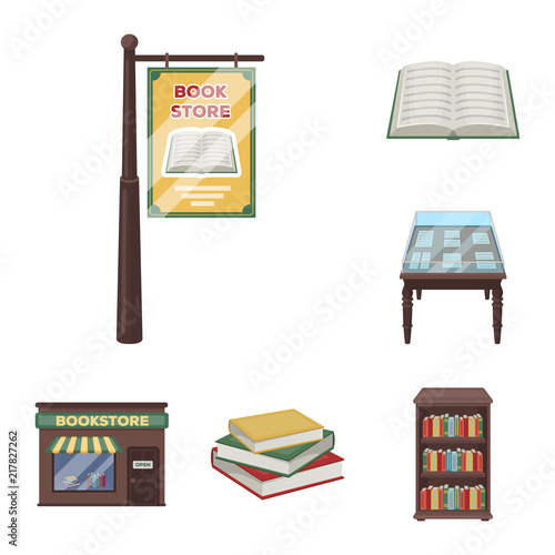 Library and bookstore cartoon icons in set collection for design. Books and furnishings vector symbol stock web illustration.