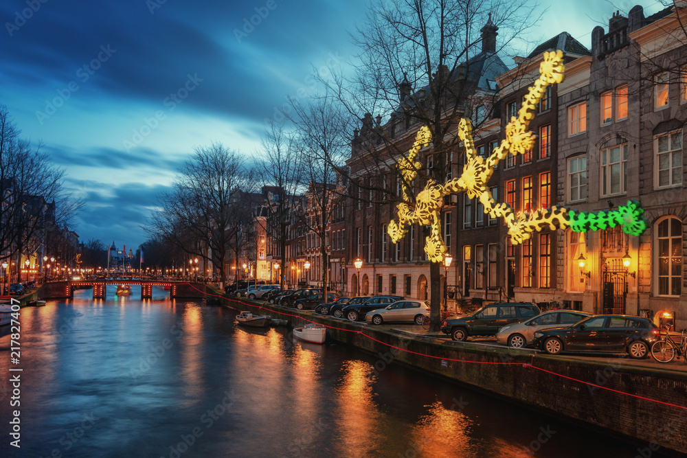 Light object above the Herengracht canal during the Light Festival in Amsterdam