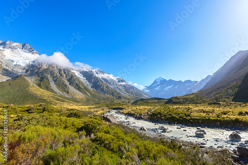 Summertime view of Aoraki Mount Cook National Park, South Island New Zealand