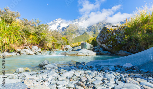 Blue river at Mt. Cook National Park, South Island New Zealand, Summertime