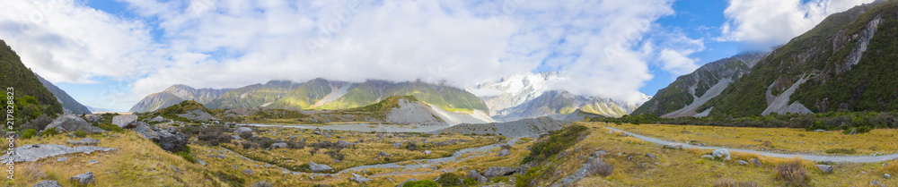 Summertime view of panorama Aoraki Mount Cook National Park, South Island New Zealand