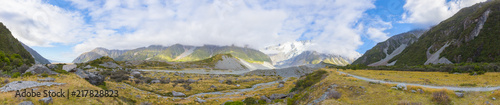 Summertime view of panorama Aoraki Mount Cook National Park, South Island New Zealand